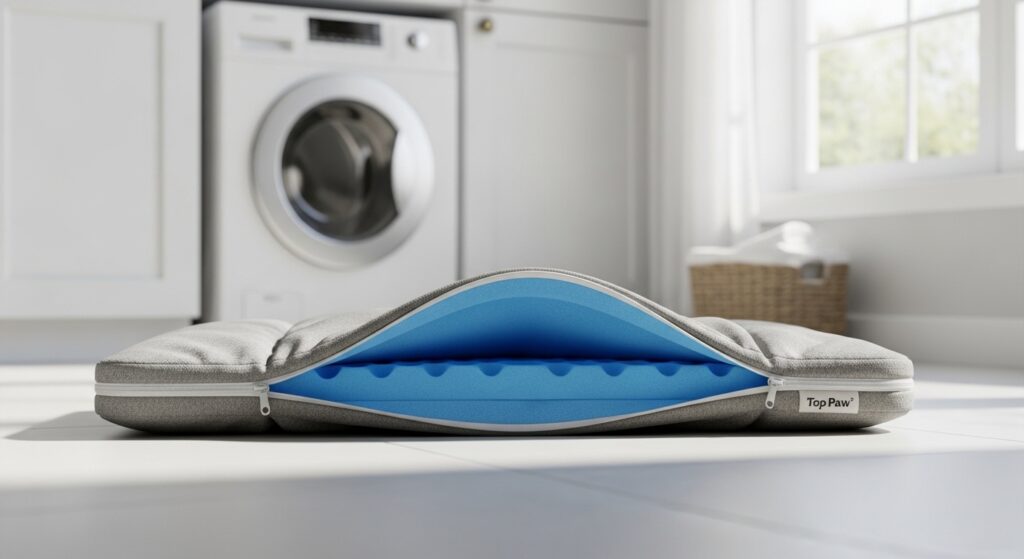 Top Paw gel memory foam dog bed with removable cover open in modern laundry room