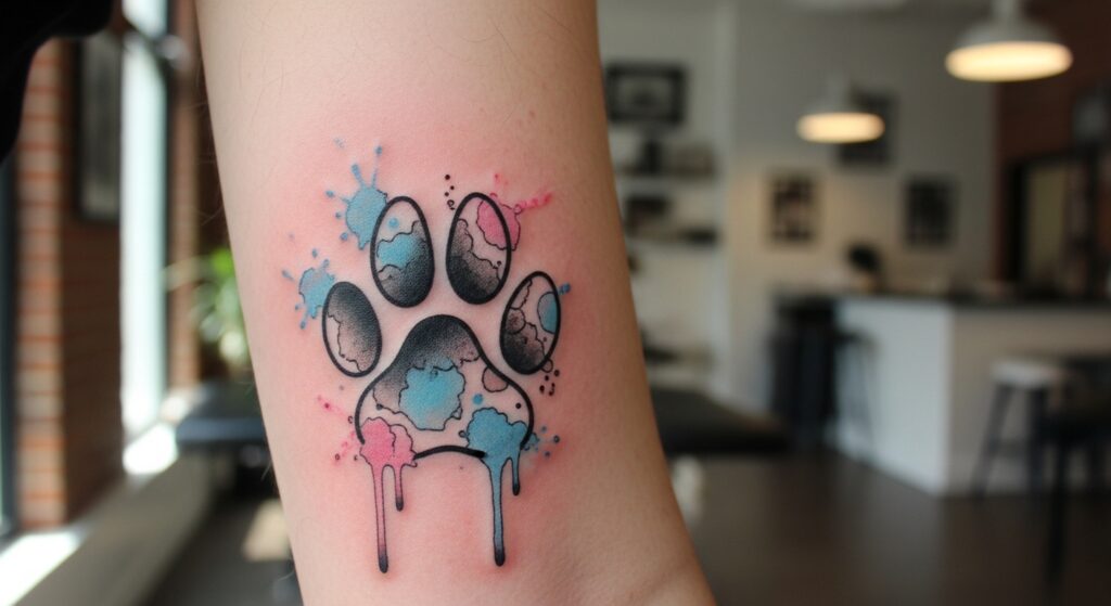 Watercolor style memorial paw print tattoo on forearm