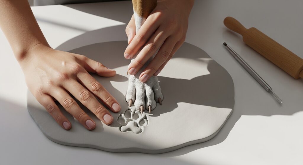 Hands pressing dog paw into soft clay to create paw print memorial at home