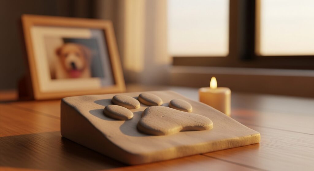 Handmade clay paw print memorial on wooden table with candle and framed pet photo in background