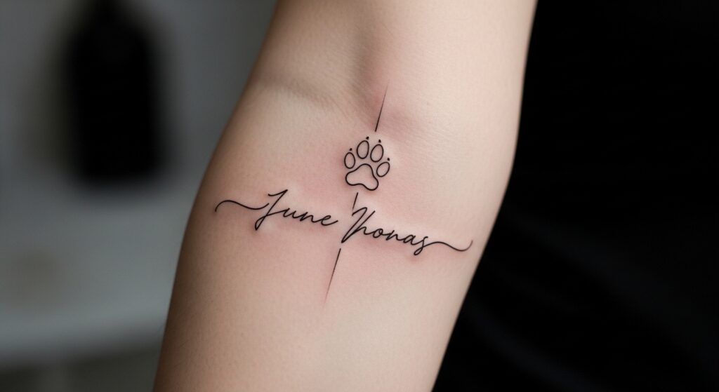 Memorial paw print tattoo with pet name in cursive font