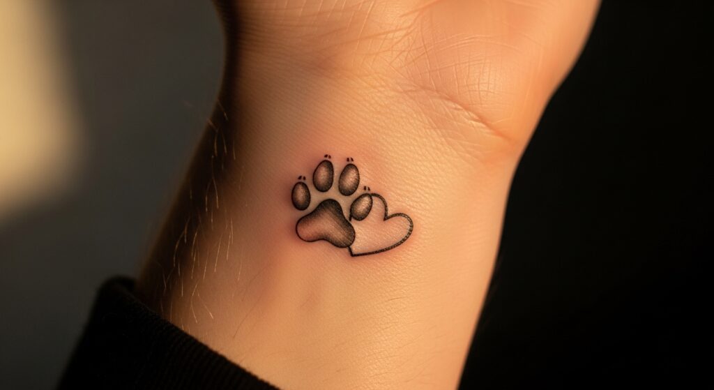 Small memorial paw print tattoo with heart outline