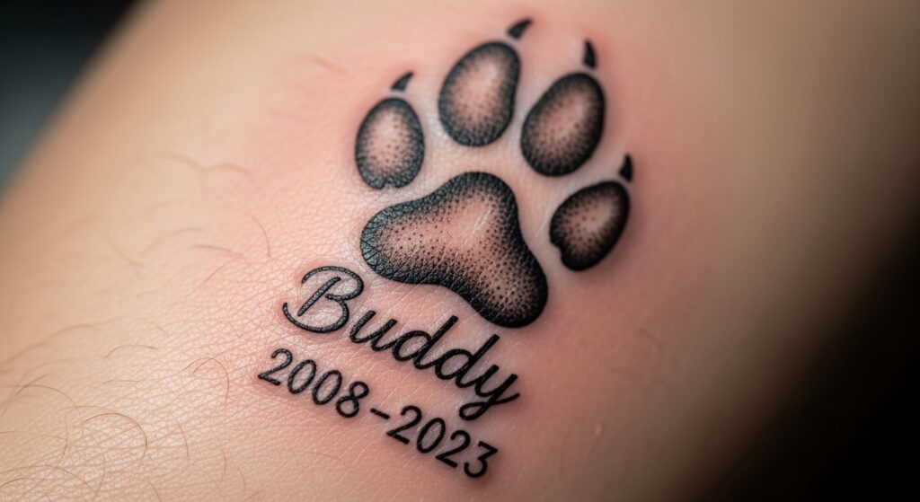 Real memorial paw print tattoo with dog name and date on wrist
