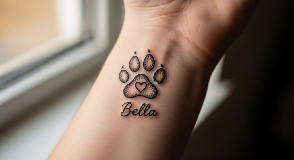 Memorial paw print tattoo with dog name and soft light background