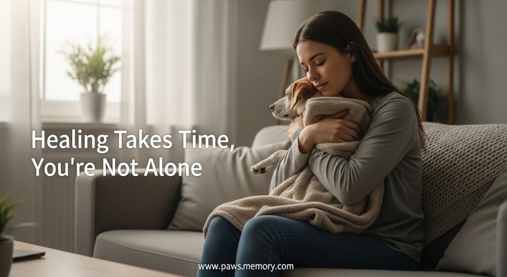 Sad owner hugging dog goodbye emotional moment