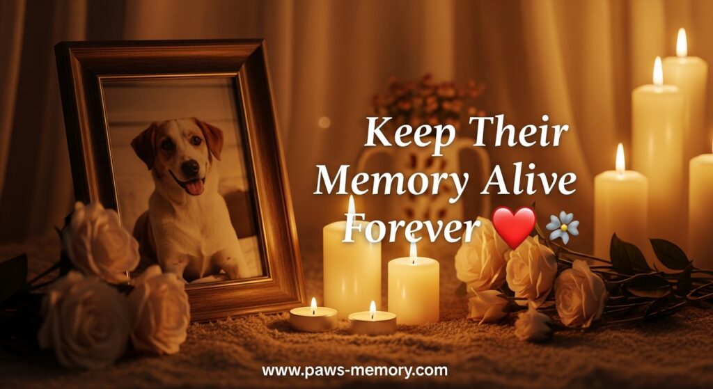 Pet memorial setup with dog photo candle and flowers