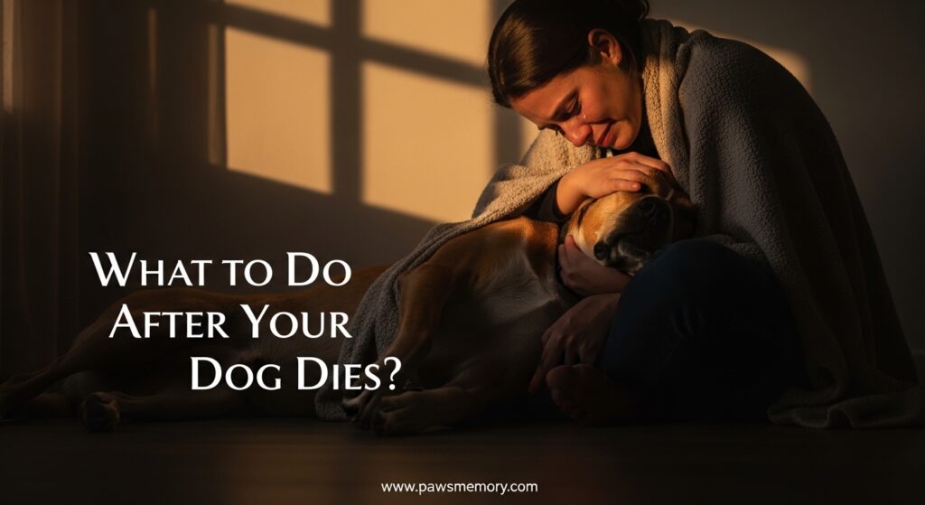 Woman crying after losing her dog at home