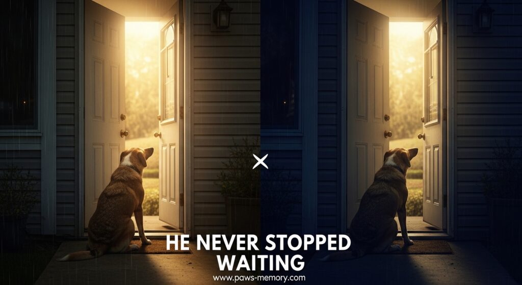 Dog waiting at the door for owner emotional scene