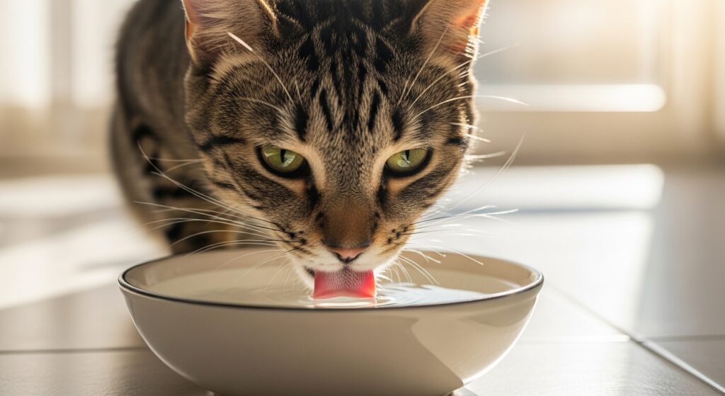 Cat drinking water to improve digestion naturally and reduce gas and odor