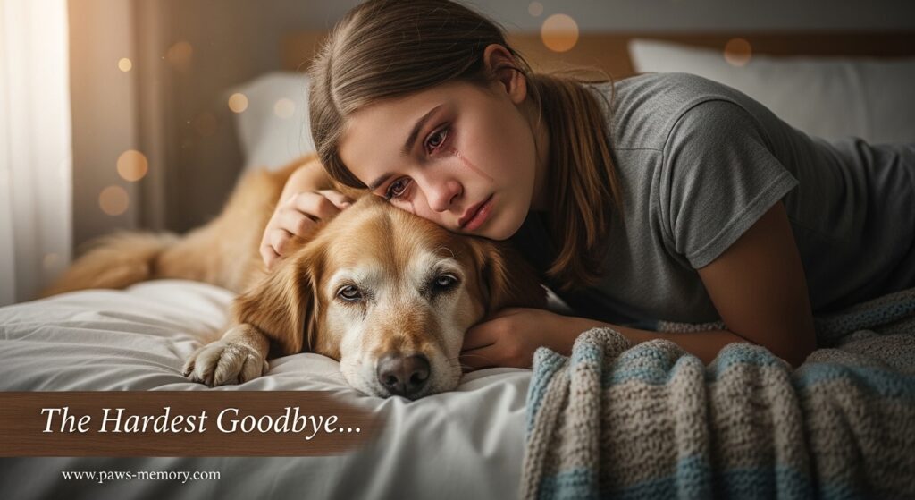 Girl hugging her dying dog with tears