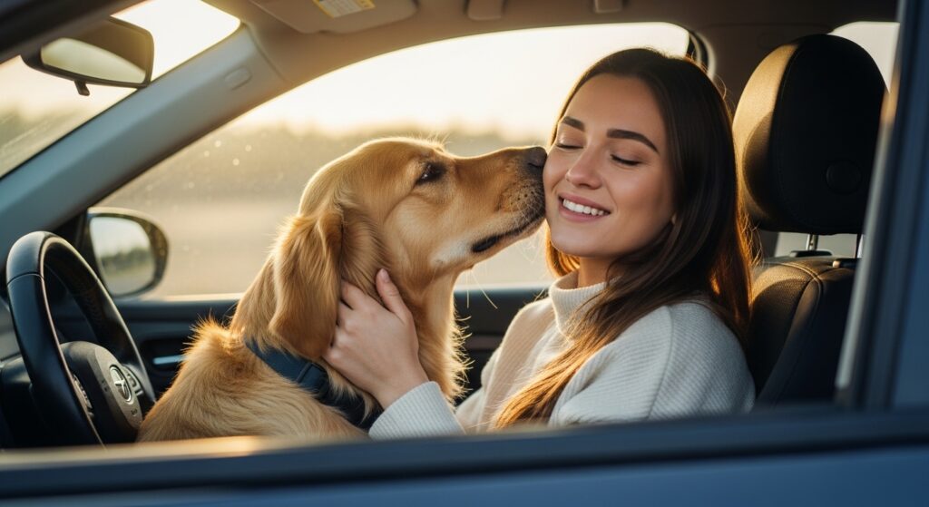 Girl kissing her dog in a car