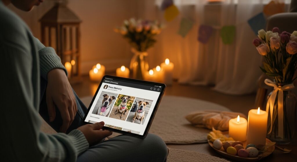 Person viewing pet memorial page during Easter Giveaway at Paws Memory