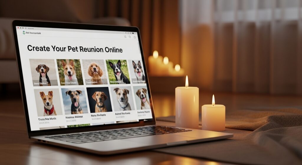 Digital pet reunion memorial page with photos and candles